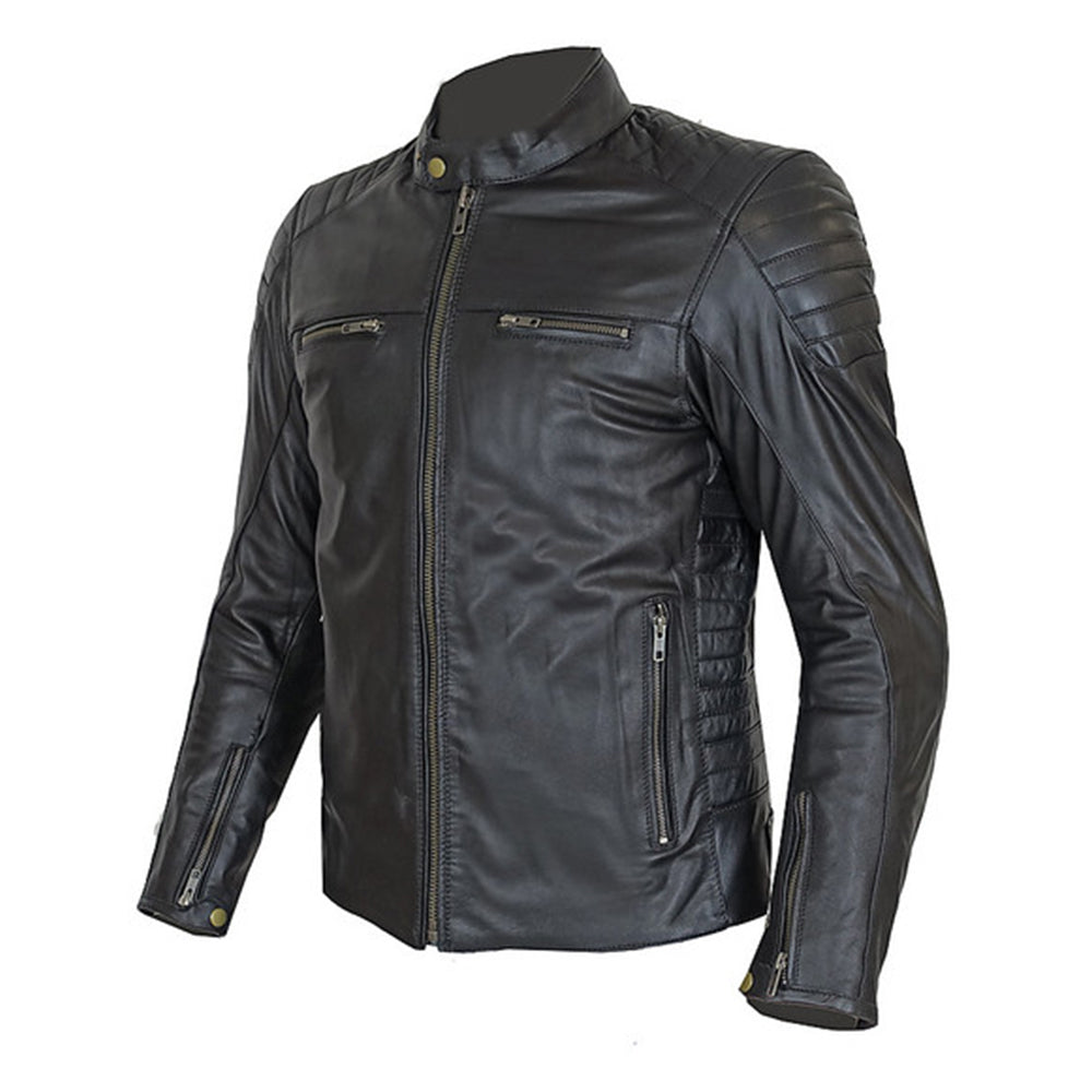 Prexport OLD STRIPES - NERO UOMO GIACCA IN PELLE DA MOTO CAFE RACER - CE AA