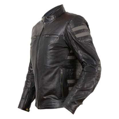 Prexport OLD STRIPES - NERO/GRIGIO UOMO GIACCA IN PELLE DA MOTO CAFE RACER - CE AA