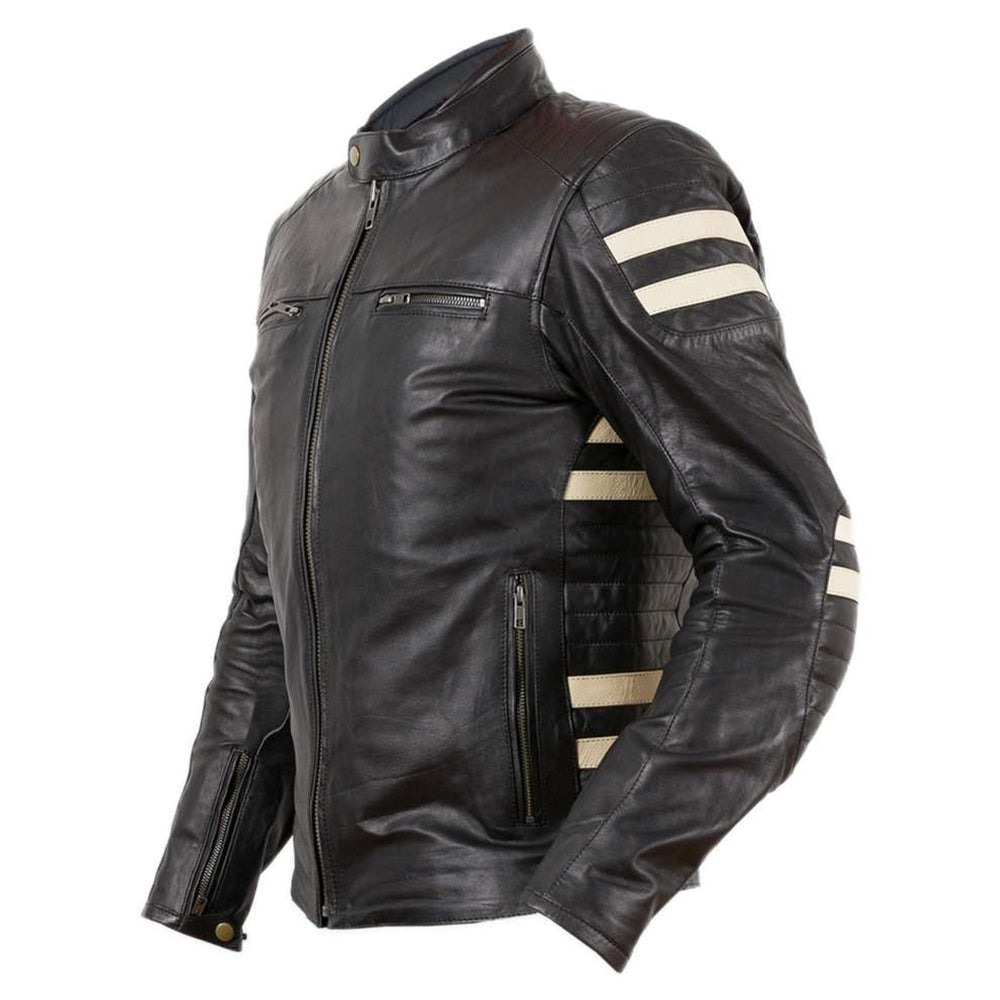 Prexport OLD STRIPES - NERO/BEIGE UOMO GIACCA IN PELLE DA MOTO CAFE RACER - CE AA