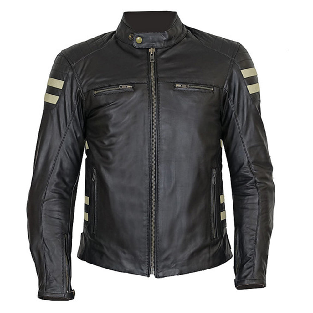 Prexport OLD STRIPES - NERO/BEIGE UOMO GIACCA IN PELLE DA MOTO CAFE RACER - CE AA