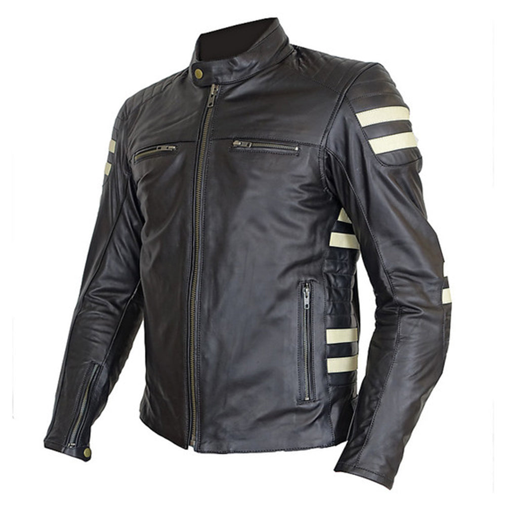 Prexport OLD STRIPES - NERO/BEIGE UOMO GIACCA IN PELLE DA MOTO CAFE RACER - CE AA